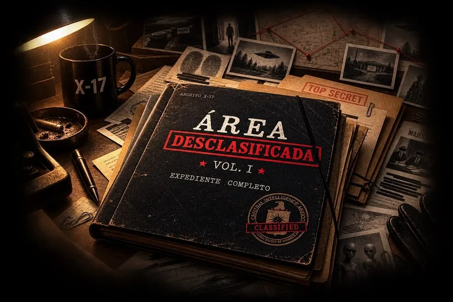 Área Desclasificada Vol. I, expediente completo, sobre el escritorio del archivo