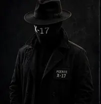El agente X-17 en plano medio, con la credencial en el pecho